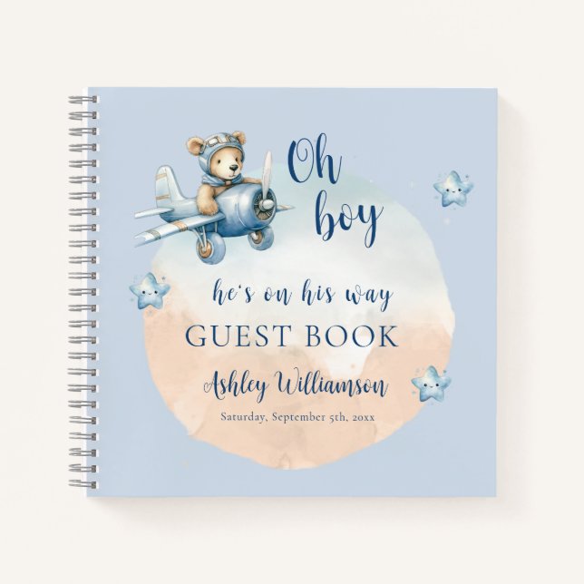Teddy Bear Aviator Oh Boy Baby Shower Notebook (Front)