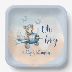 Teddy Bear Aviator Oh Boy Baby Shower  Paper Plate
