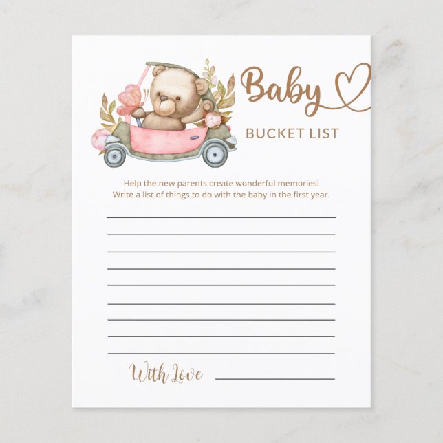 Teddy Bear Baby Bear Baby Shower Bucket List (Front)