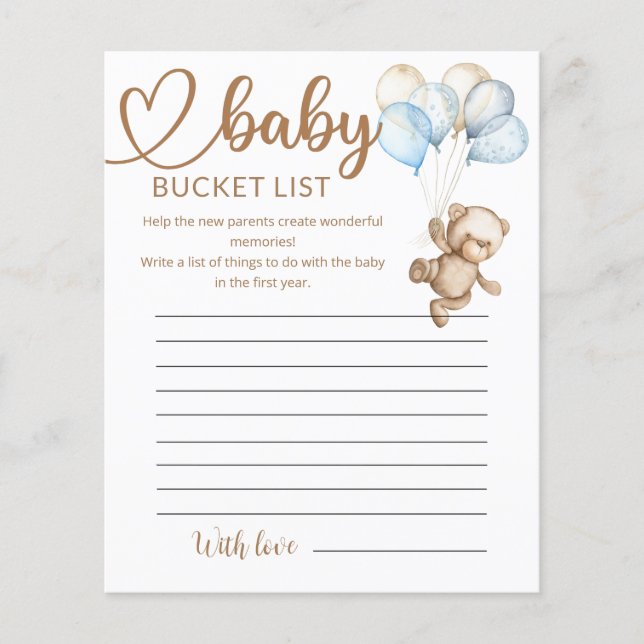 Teddy Bear Baby Bear Baby Shower Bucket List (Front)