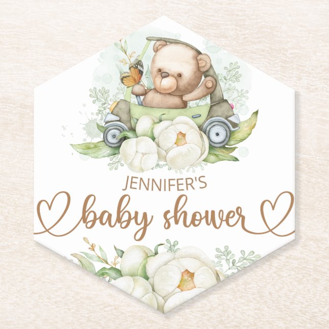 Teddy Bear Baby Bear Baby Shower Floral Paper Coaster (Front)