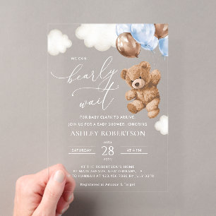 Teddy Bear, Baby Bear, Blue Balloons, Baby Shower Acrylic Invitations