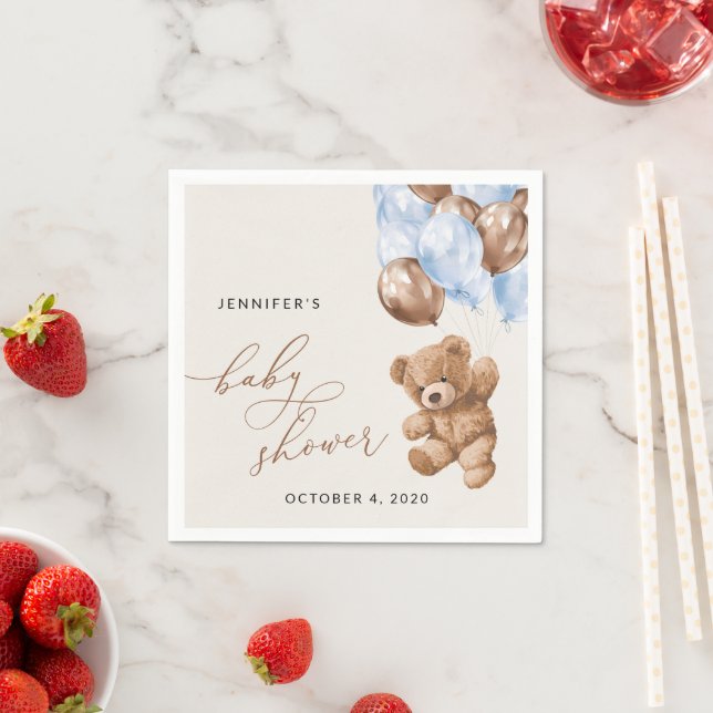 Teddy Bear, Baby Bear, Blue Balloons, Baby Shower Napkin (Insitu)