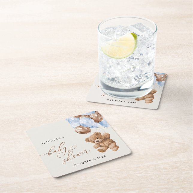 Teddy Bear, Baby Bear, Blue Balloons, Baby Shower Square Paper Coaster (Insitu)