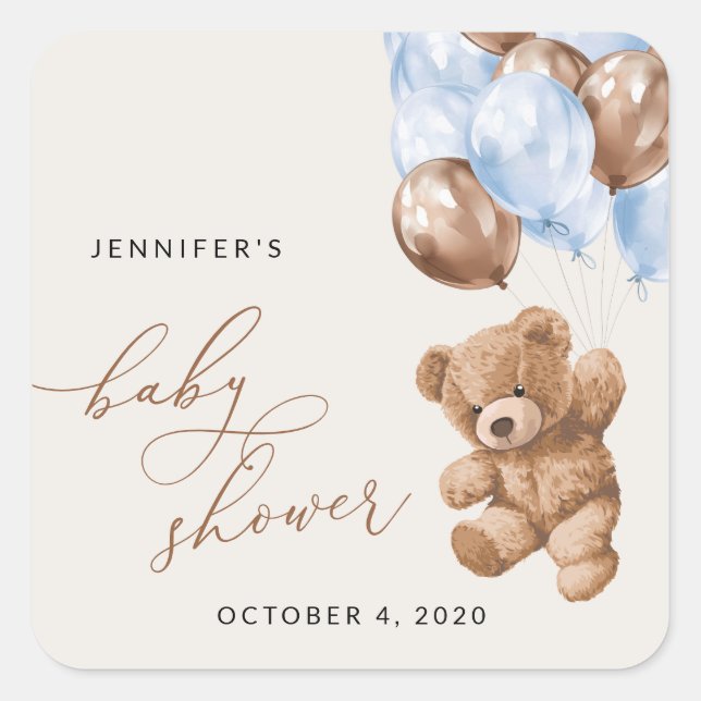 Teddy Bear, Baby Bear, Blue Balloons, Baby Shower Square Sticker (Front)