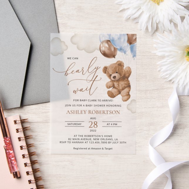 Teddy Bear, Baby Bear, Blue Balloons, Baby Shower Vellum Invitations (Wedding)