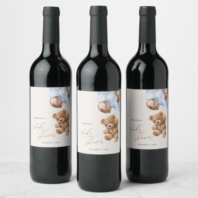 Teddy Bear, Baby Bear, Blue Balloons, Baby Shower Wine Label (Bottles)