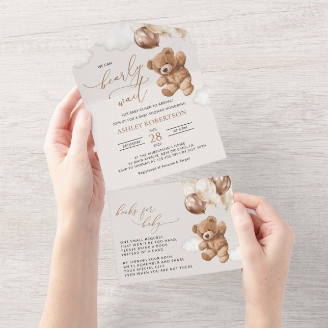 Teddy Bear, Baby Bear, Brown Balloons, Baby Shower All In One Invitation (Tearaway)