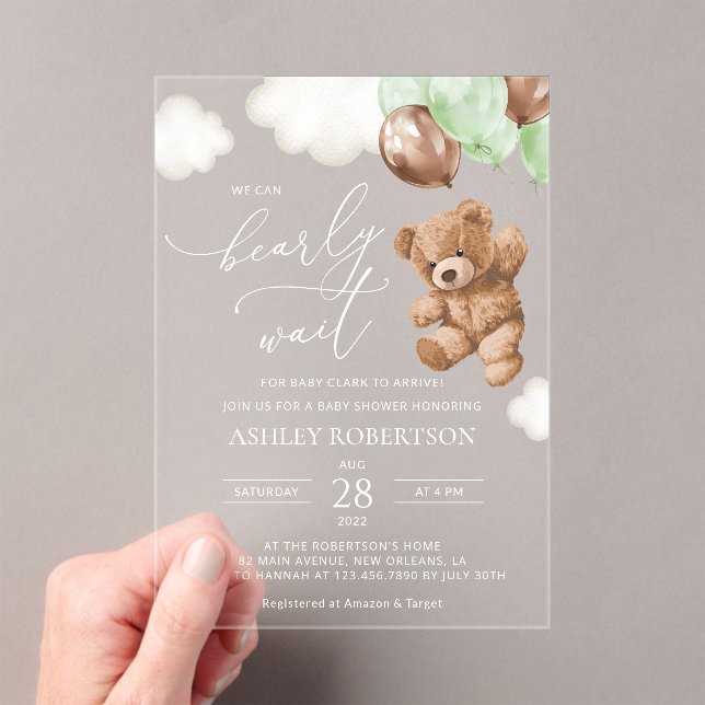 Teddy Bear, Baby Bear, Green Balloons, Baby Shower Acrylic Invitations (Insitu (Handheld))