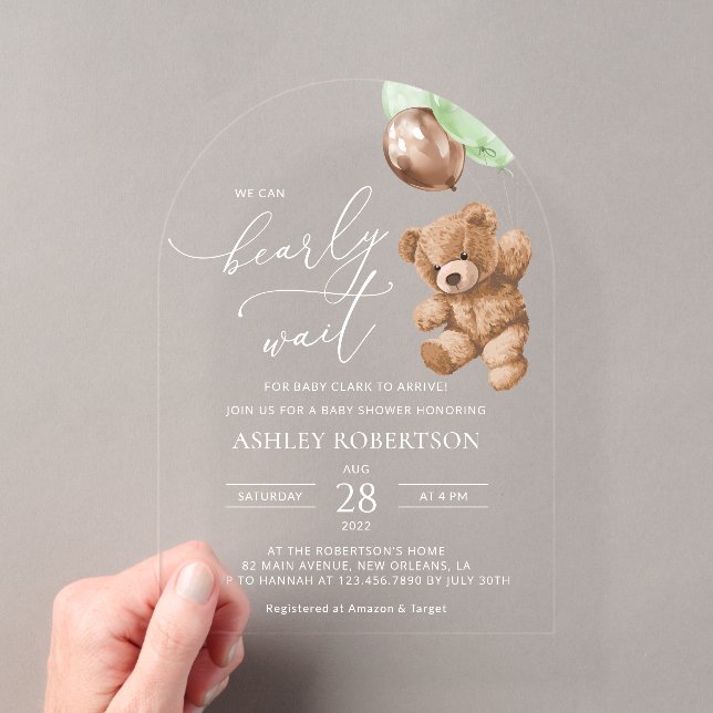 Teddy Bear, Baby Bear, Green Balloons, Baby Shower Acrylic Invitations (Insitu (Handheld))