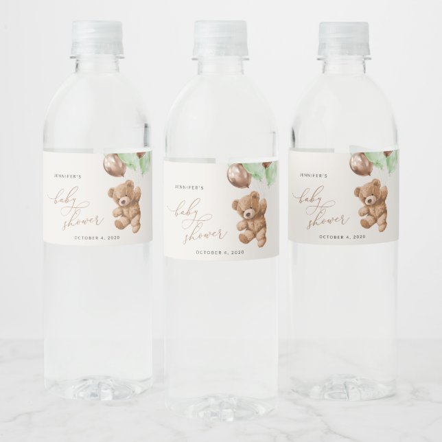 Teddy Bear, Baby Bear, Green Balloons, Baby Shower Water Bottle Label (Bottles)