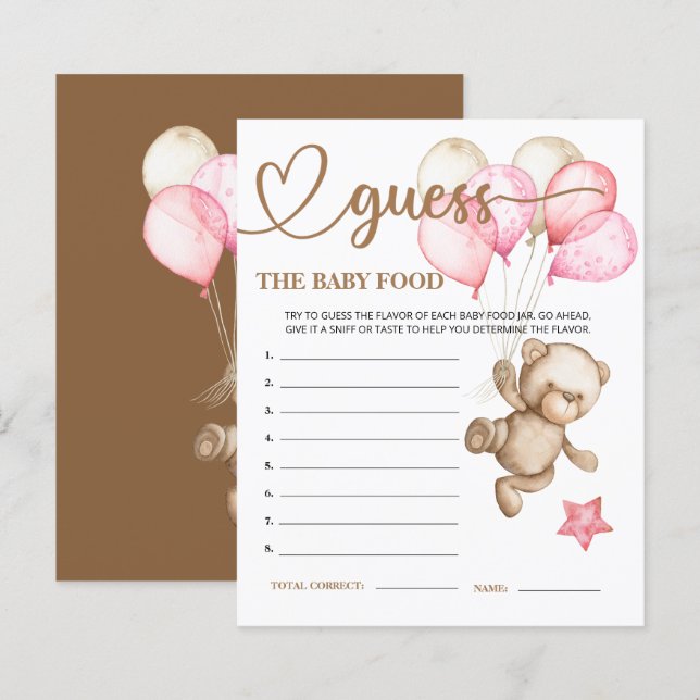 Teddy Bear Baby Bear Guess the Baby Food Card. (Front/Back)