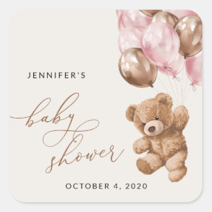 Teddy Bear, Baby Bear, Pink Balloons, Baby Shower Square Sticker