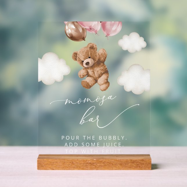 Teddy Bear, Baby Bear, Pink Balloons, Momosa Bar Acrylic Sign (Neutral)