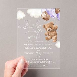 Teddy Bear, Baby Bear, Purple Balloon, Baby Shower Acrylic Invitations