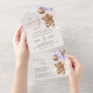 Teddy Bear, Baby Bear, Purple Balloon, Baby Shower All In One Invitation