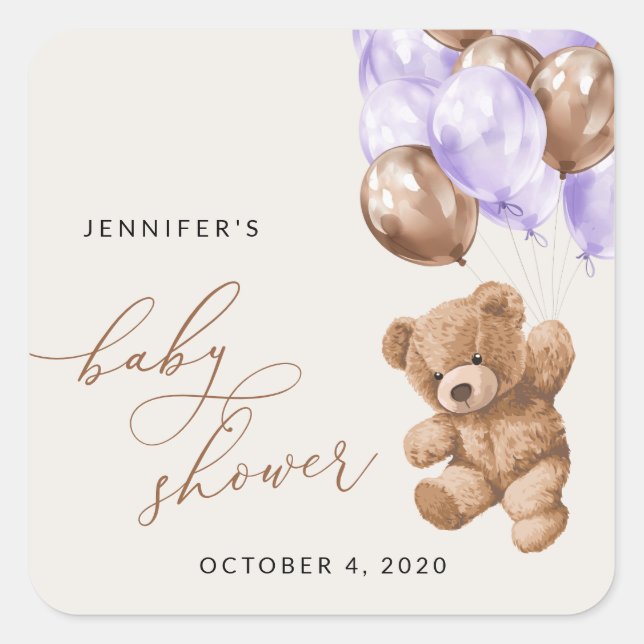 Teddy Bear, Baby Bear, Purple Balloon, Baby Shower Square Sticker (Front)