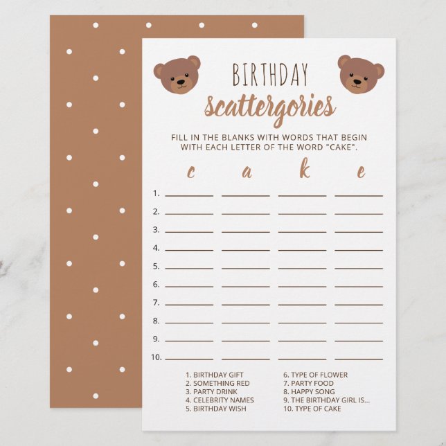 Teddy Bear Baby Birthday Cake Scattergories Game (Front/Back)
