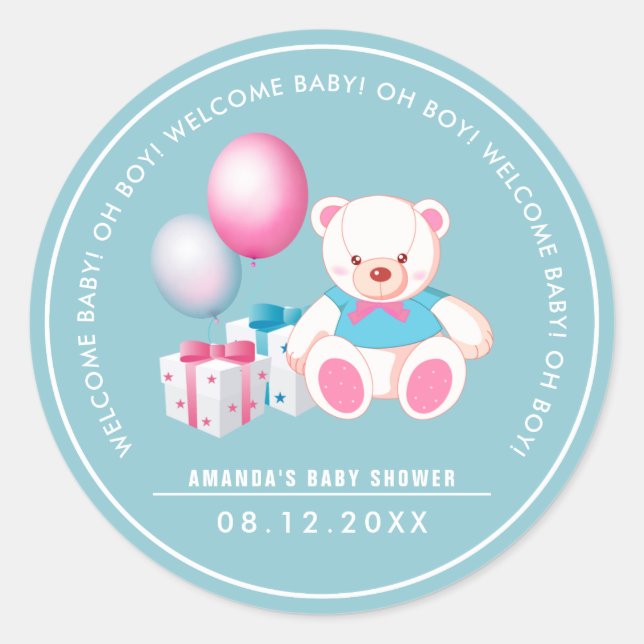 Teddy Bear | Baby Boy Baby Shower  Favour Stickers (Front)