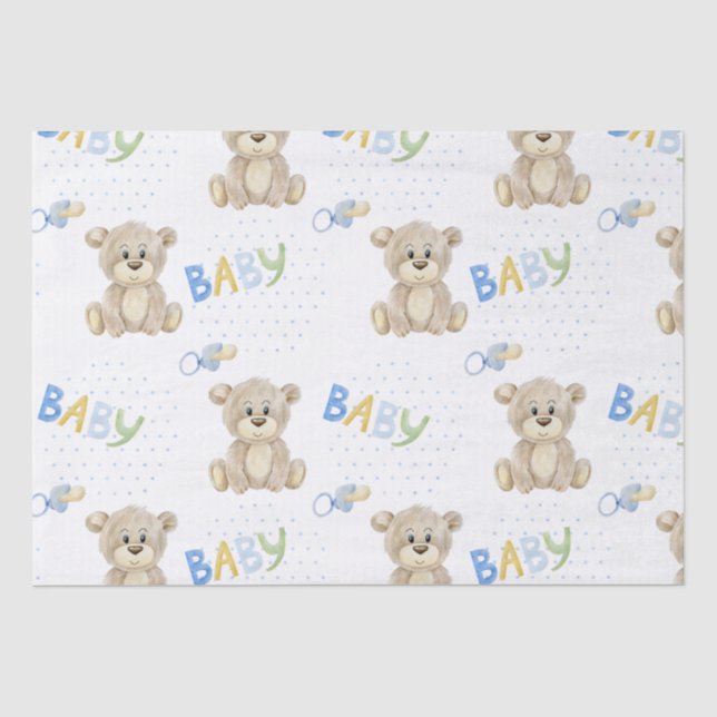 Teddy Bear Baby Boy Watercolor Baby Shower Tissue Paper (Front)