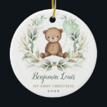 Teddy Bear Baby First 1st Christmas Greenery Gold Ceramic Ornament<br><div class="desc">This adorable ceramic ornament features a sweet teddy bear holding a cute sage green balloon adorned with elegant eucalyptus wreath. The back design gives you the option to add your baby's photo to make the ornament even more personal and special!</div>