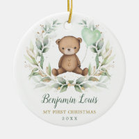 Teddy Bear Baby First 1st Christmas Greenery Gold