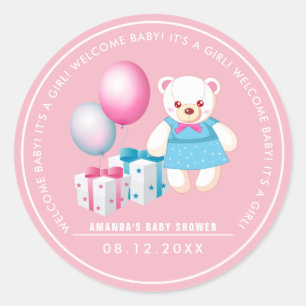 Teddy Bear Baby Girl Baby Shower Favour Stickers