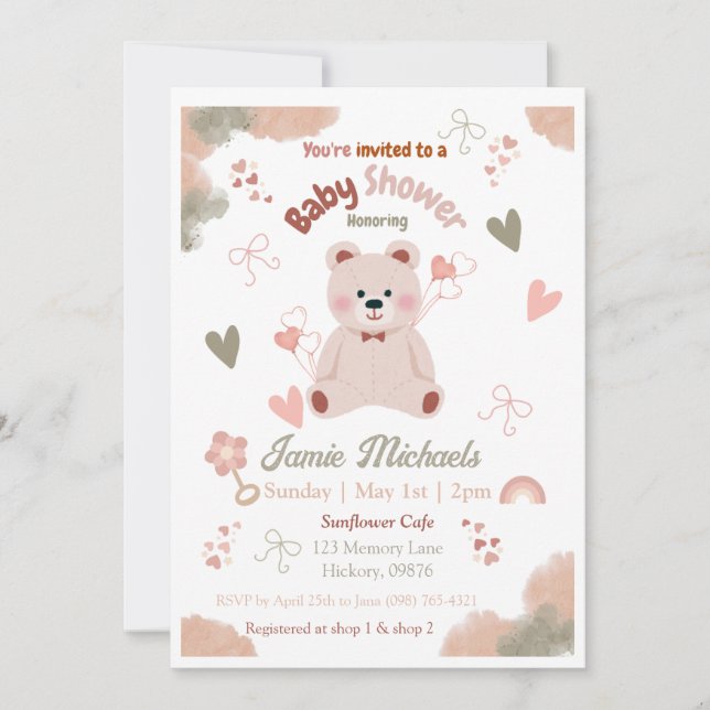 Teddy Bear Baby Girl Baby Shower Invitation (Front)