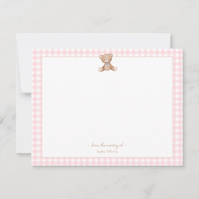 Teddy Bear Baby girl pink and white Gingham Border Thank You Card (Front)