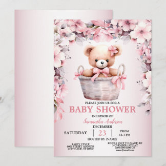 Teddy Bear Baby Girl Pink Flowers Baby Shower  Invitation