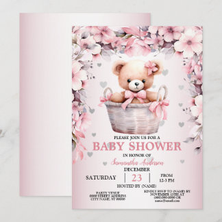 Teddy Bear Baby Girl Pink Flowers Baby Shower  Invitation