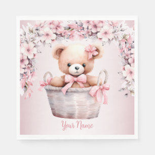 Teddy Bear Baby Girl Pink Flowers Party Elegant Napkin