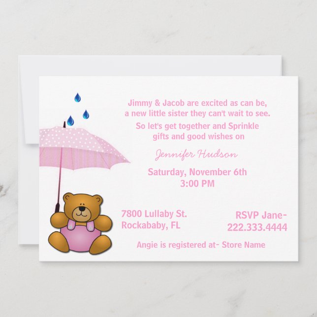 Teddy Bear Baby Girl Sprinkle Shower Invitation (Front)