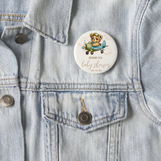 Teddy Bear Baby Pilot Airplane Baby Shower 2 Inch Round Button (In Situ)