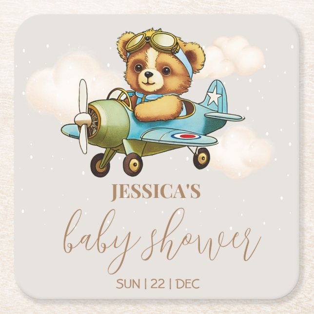 Teddy Bear Baby Pilot Airplane Baby Shower Square Paper Coaster (Front)