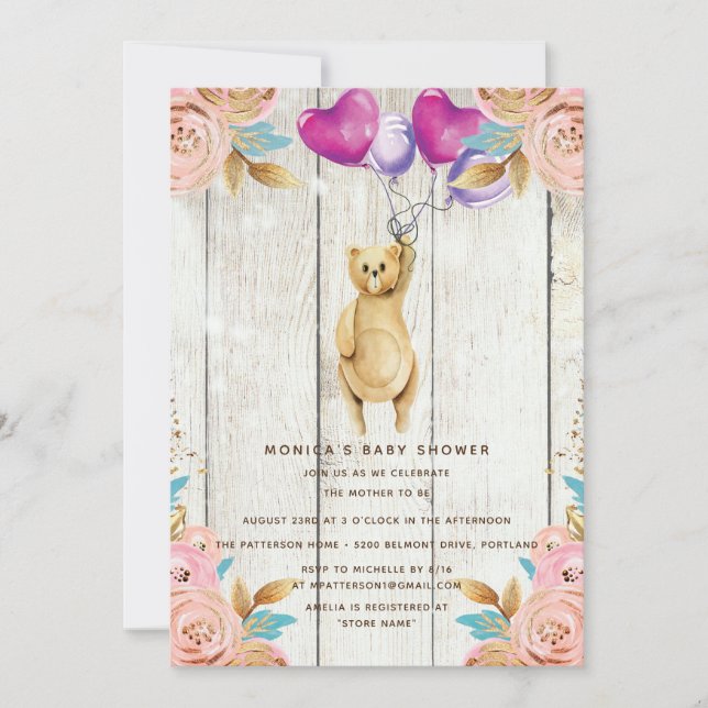 Teddy Bear Baby Shower Balloon Rustic Invitation (Front)