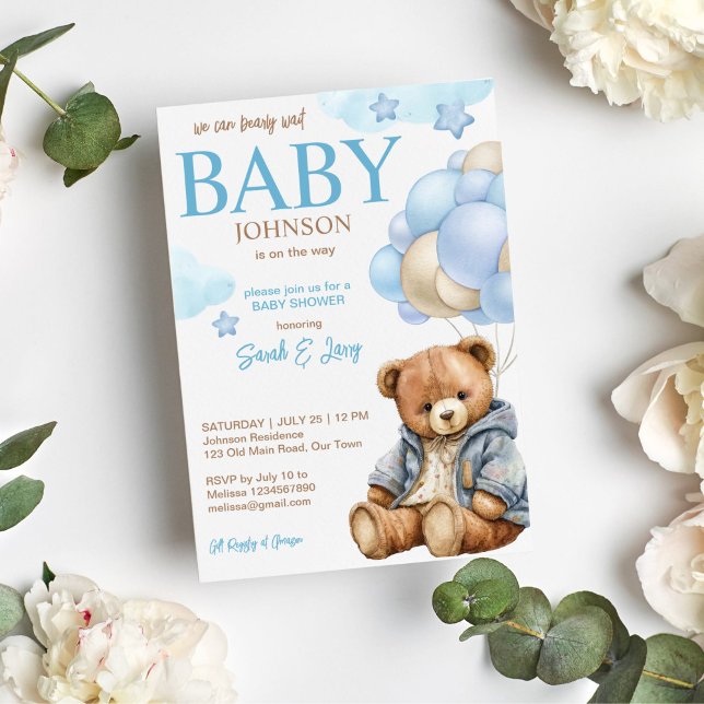 Teddy bear baby shower bearly wait cute teddy invitation (Teddy bear in a jacket with balloons baby shower invitation template instant download)