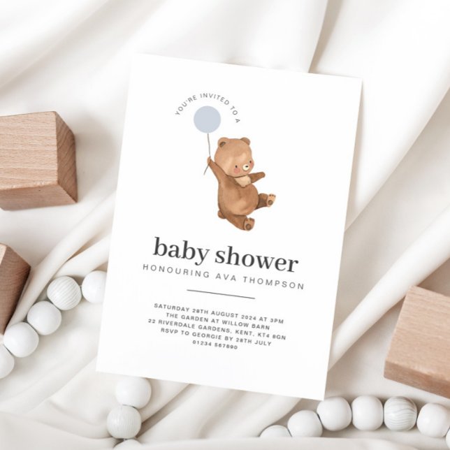 Teddy Bear Baby Shower Blue Balloon Invitation (Creator Uploaded)
