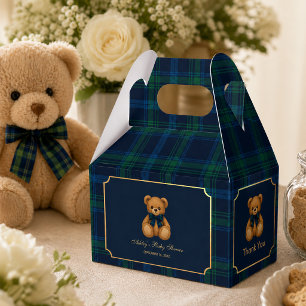 Teddy Bear Baby Shower Blue Green Plaid Thank You Favor Box