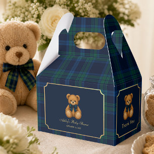 Teddy Bear Baby Shower Blue Green Plaid Thank You Favor Box