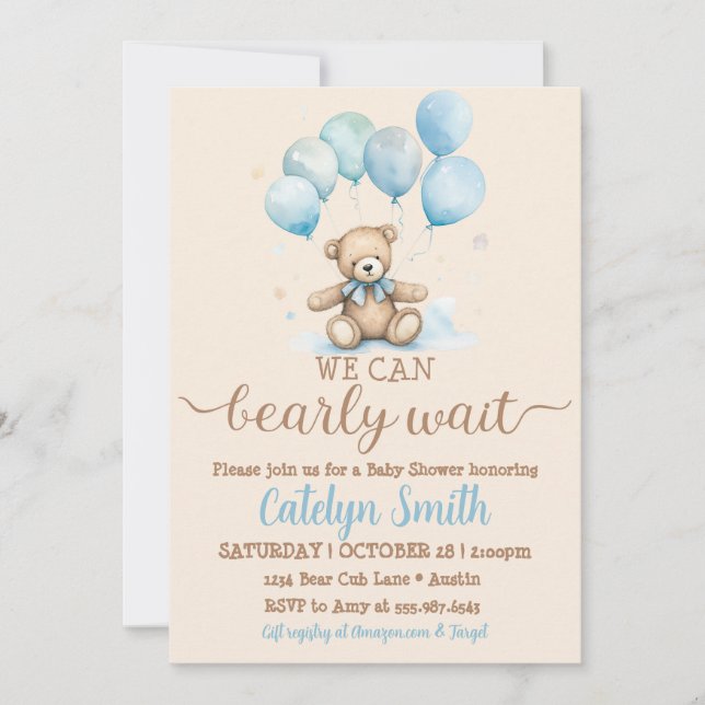 Teddy Bear Baby Shower Boy Bear and Balloons Invitation (Front)