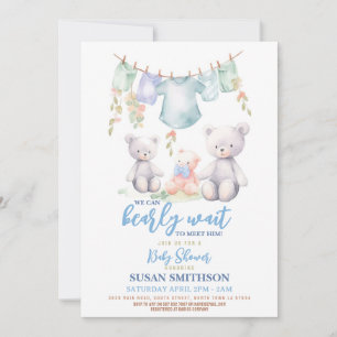Teddy Bear Baby Shower Boy Blue Barely Wait Invitation