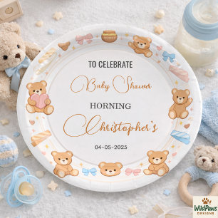 Teddy Bear Baby Shower Boy   Cute Blue Bear Paper Plate