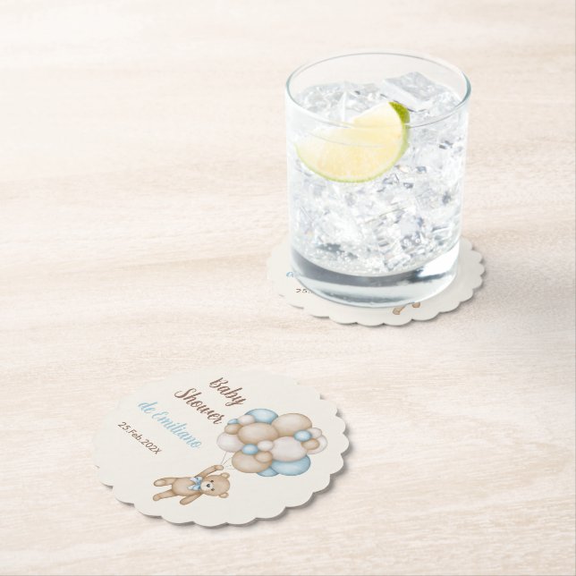 Teddy Bear Baby Shower Boy Paper Coaster (Insitu)