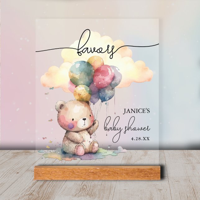 Teddy Bear Baby Shower Favours Acrylic Sign (Teddy Bear Baby Shower Favors Tabletop Acrylic Sign)