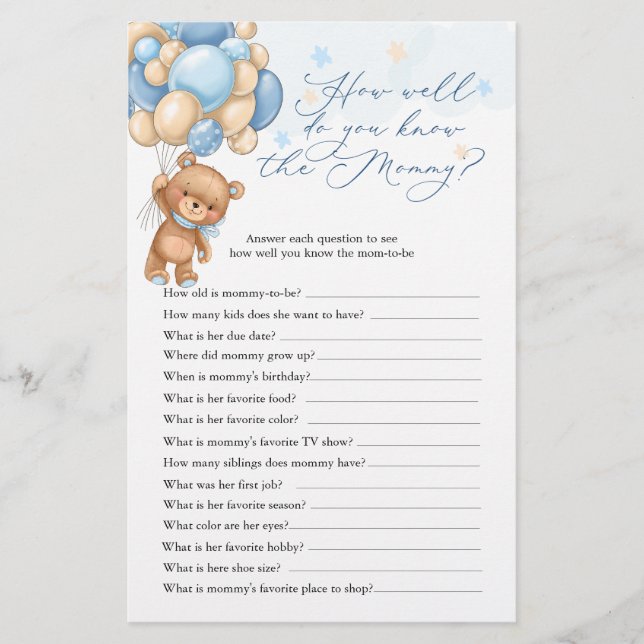 Teddy Bear Baby Shower Game Who Knows Mommy Best (Front)
