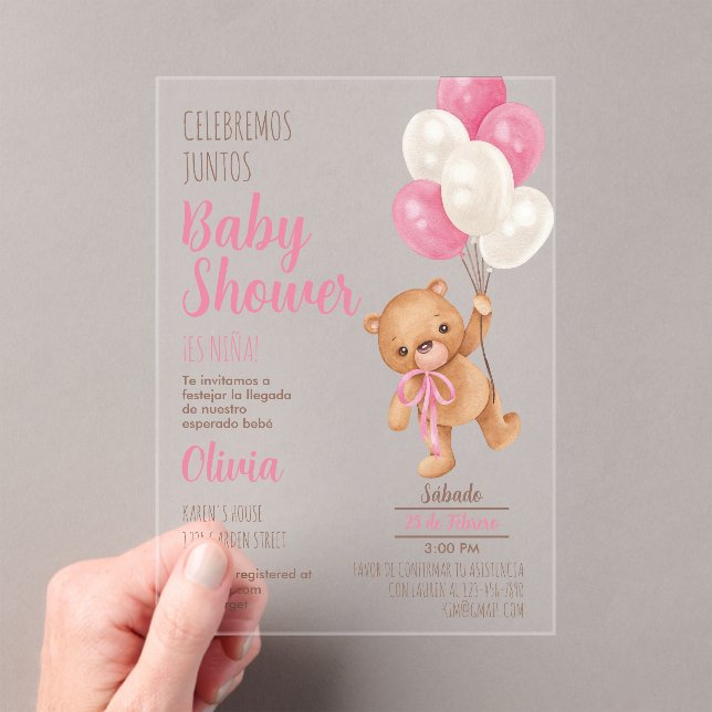 Teddy Bear Baby Shower Girl Acrylic Invitation (Insitu (Handheld))