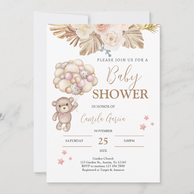 Teddy Bear Baby Shower Girl Invitation (Front)