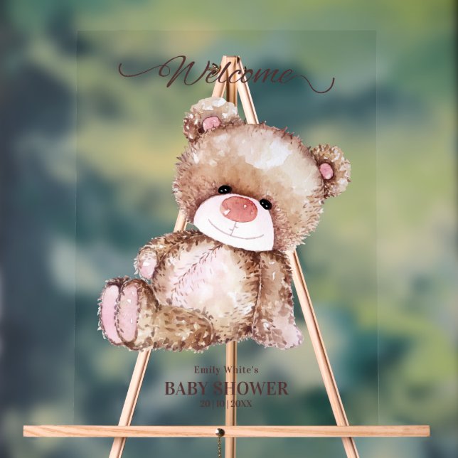 Teddy Bear Baby Shower, Girl Pink Bear Baby Shower Acrylic Sign (Neutral)