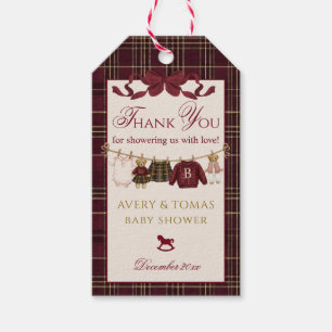 Teddy Bear Baby Shower Girl Plaid Burgundy Bow  Gift Tags